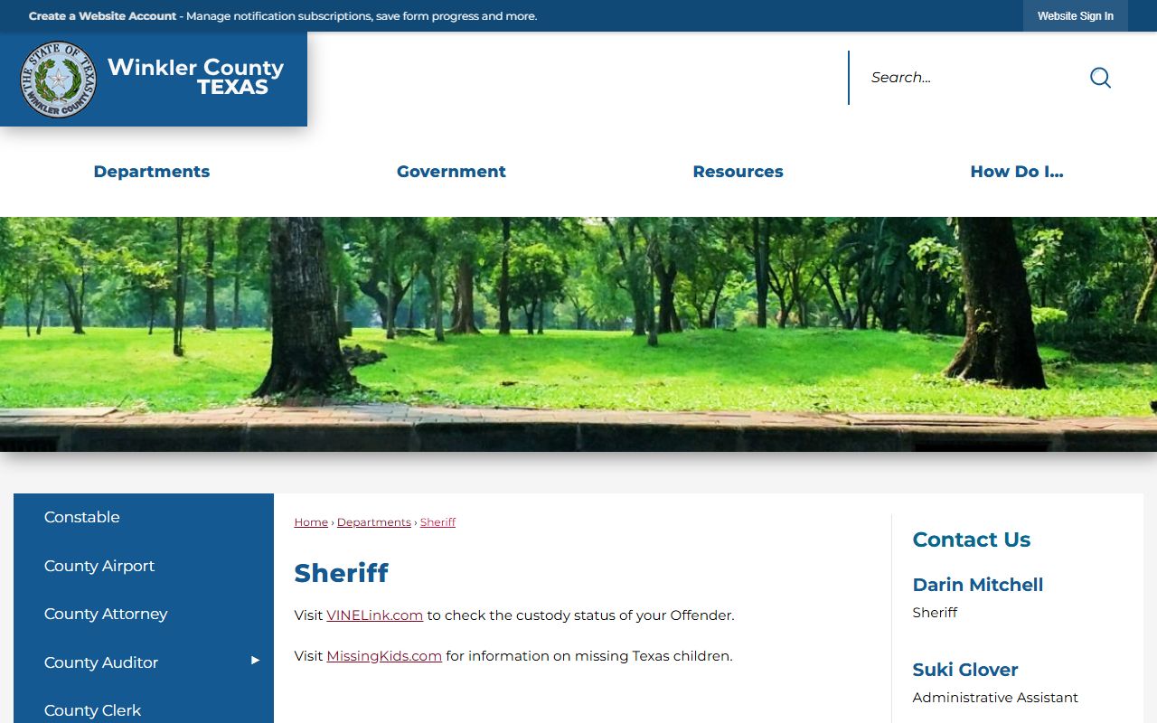 Winkler County Sheriff's Office page for inmate custody status and detention center contacts